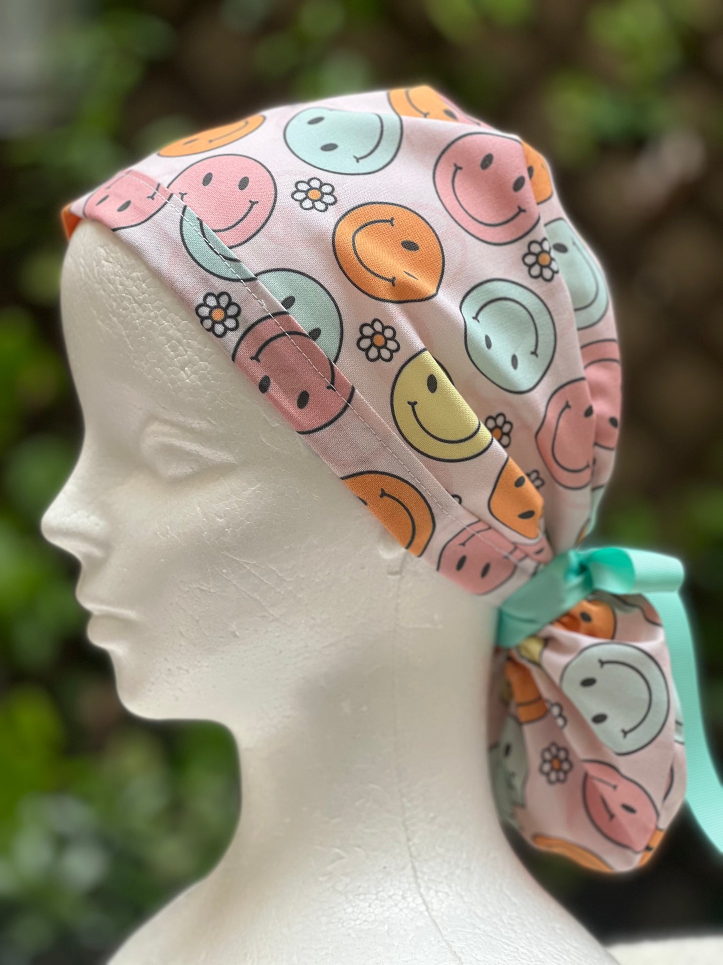 Retro smiley Face Ponytail Scrub Cap
