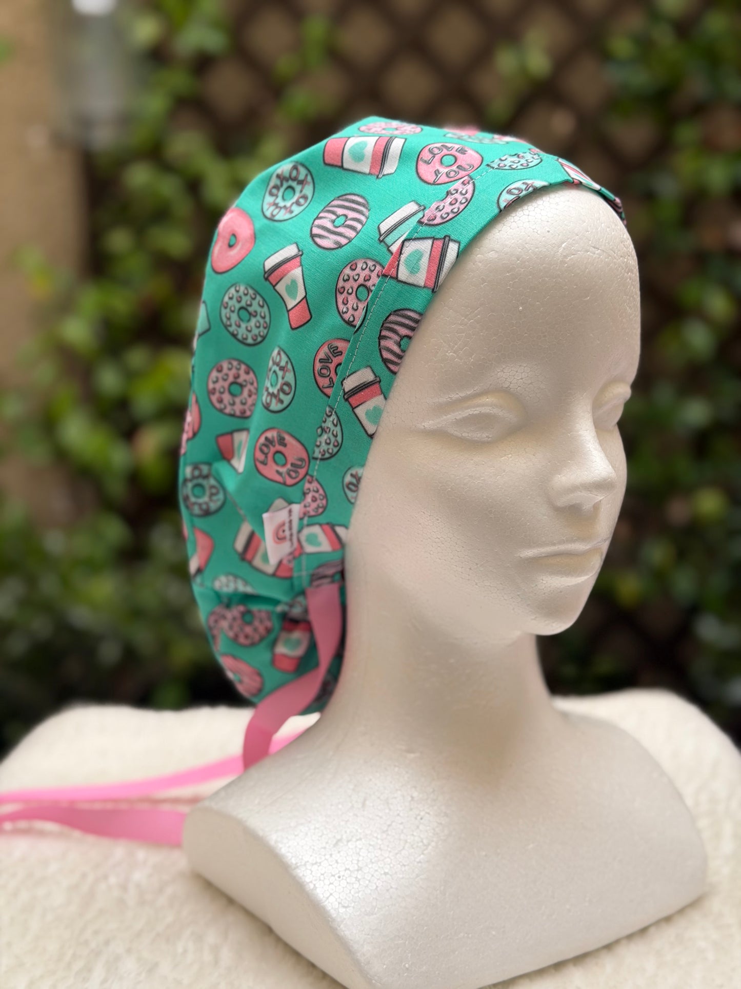 Cofee and Donuts Anesthesia Valentine Ponytail Scrub Cap