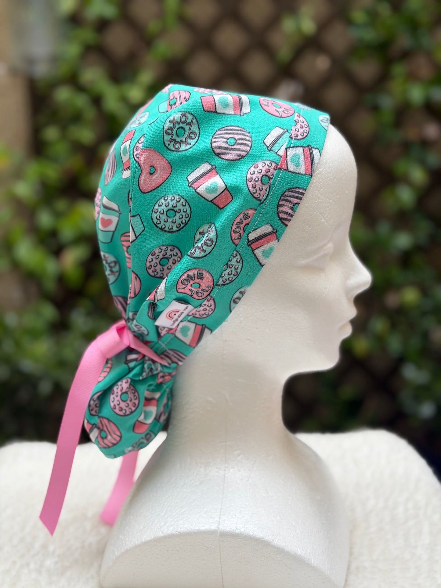 Cofee and Donuts Anesthesia Valentine Ponytail Scrub Cap