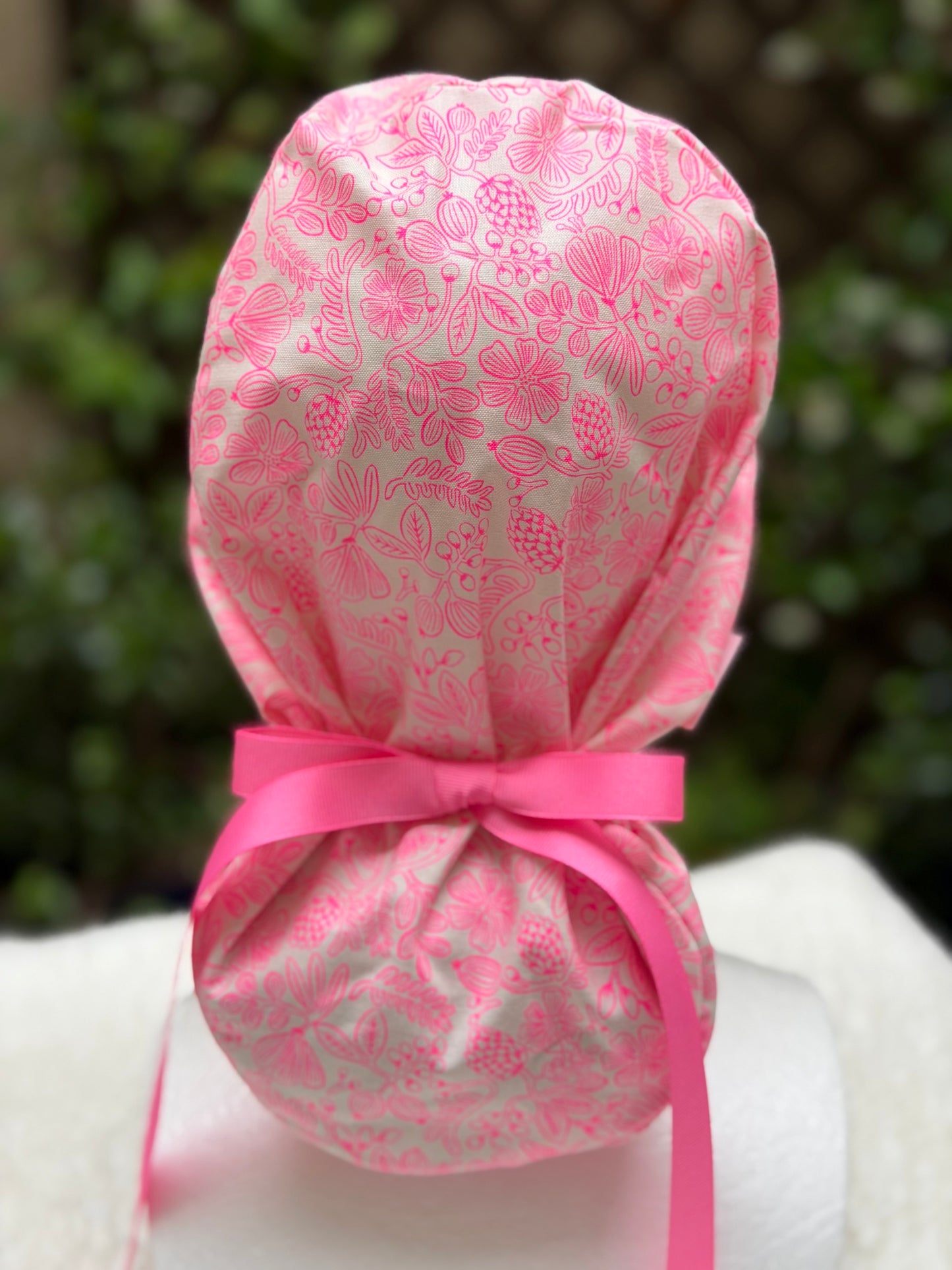 Neon pink ponytail scrub cap
