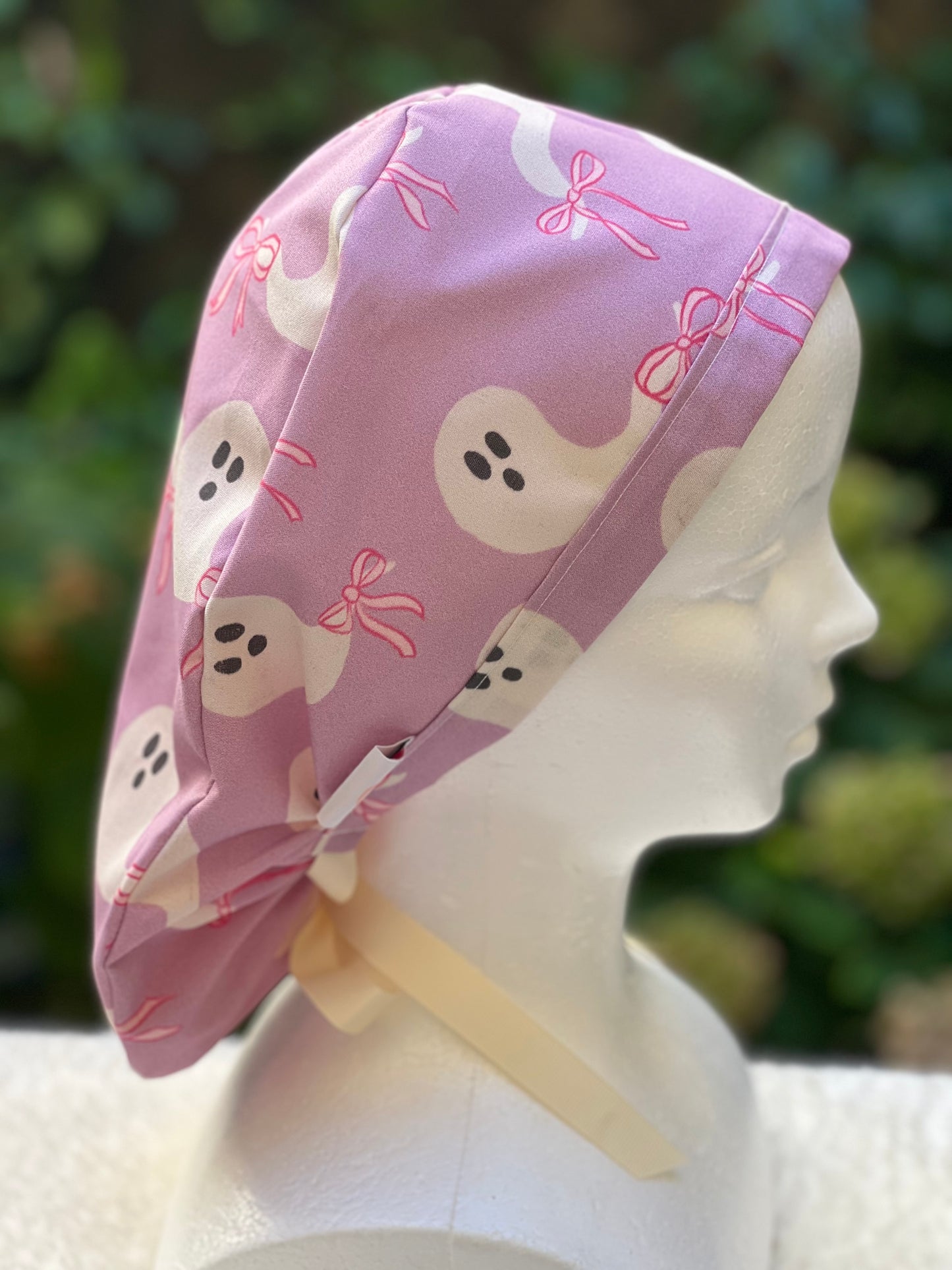 Purple ghost with bow scrub cap