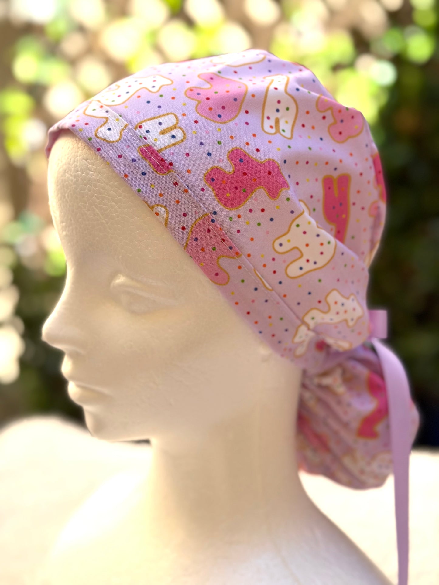 Purple animal crackers Ponytail Scrub Cap