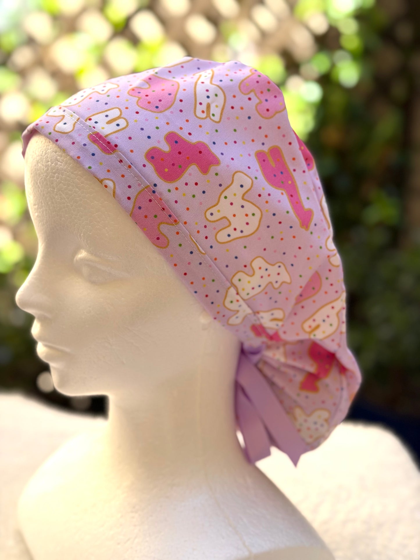 Purple animal crackers Ponytail Scrub Cap