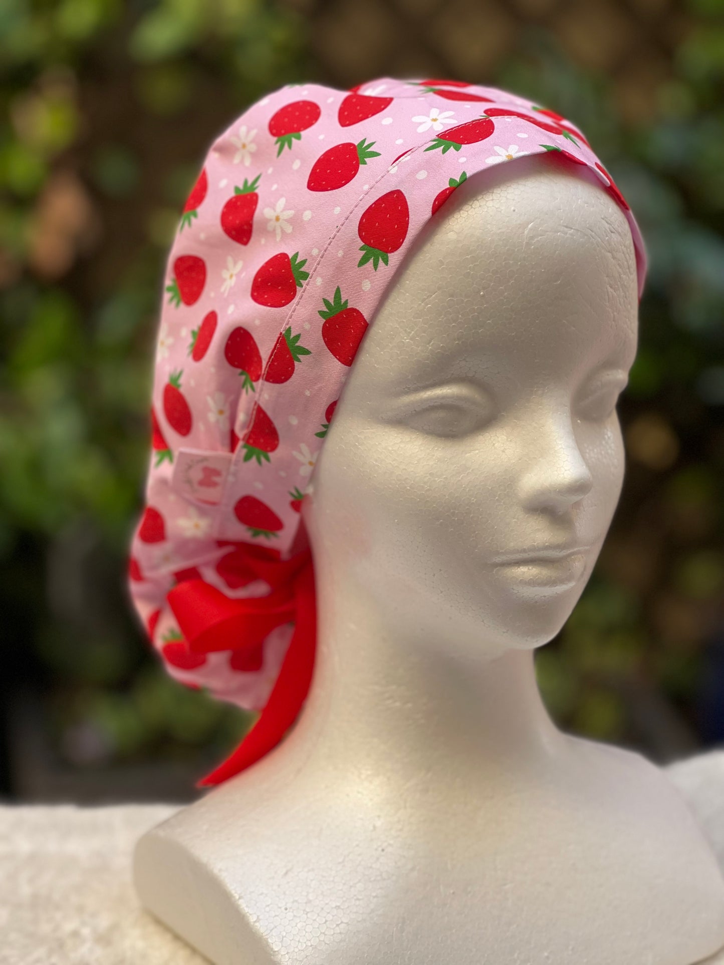 Pink strawberry with daisies ponytail scrub cap