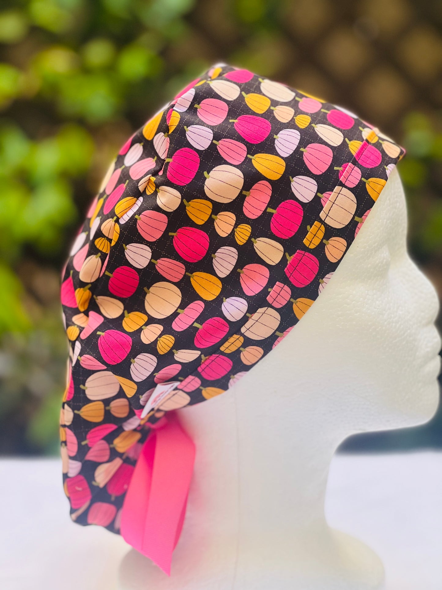 Pink pumpkin in black  Ponytail scrub cap