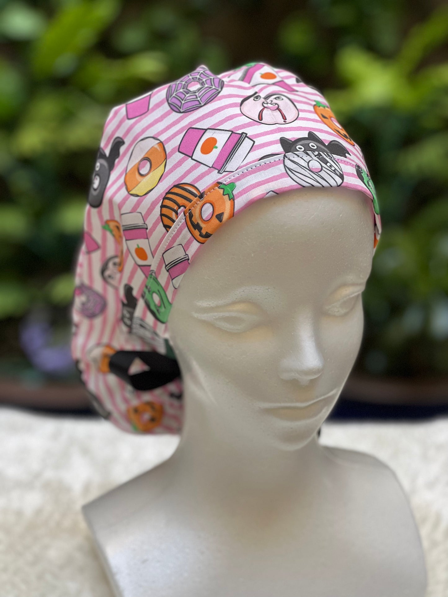 Pink stripe Halloween Ponytail scrub cap