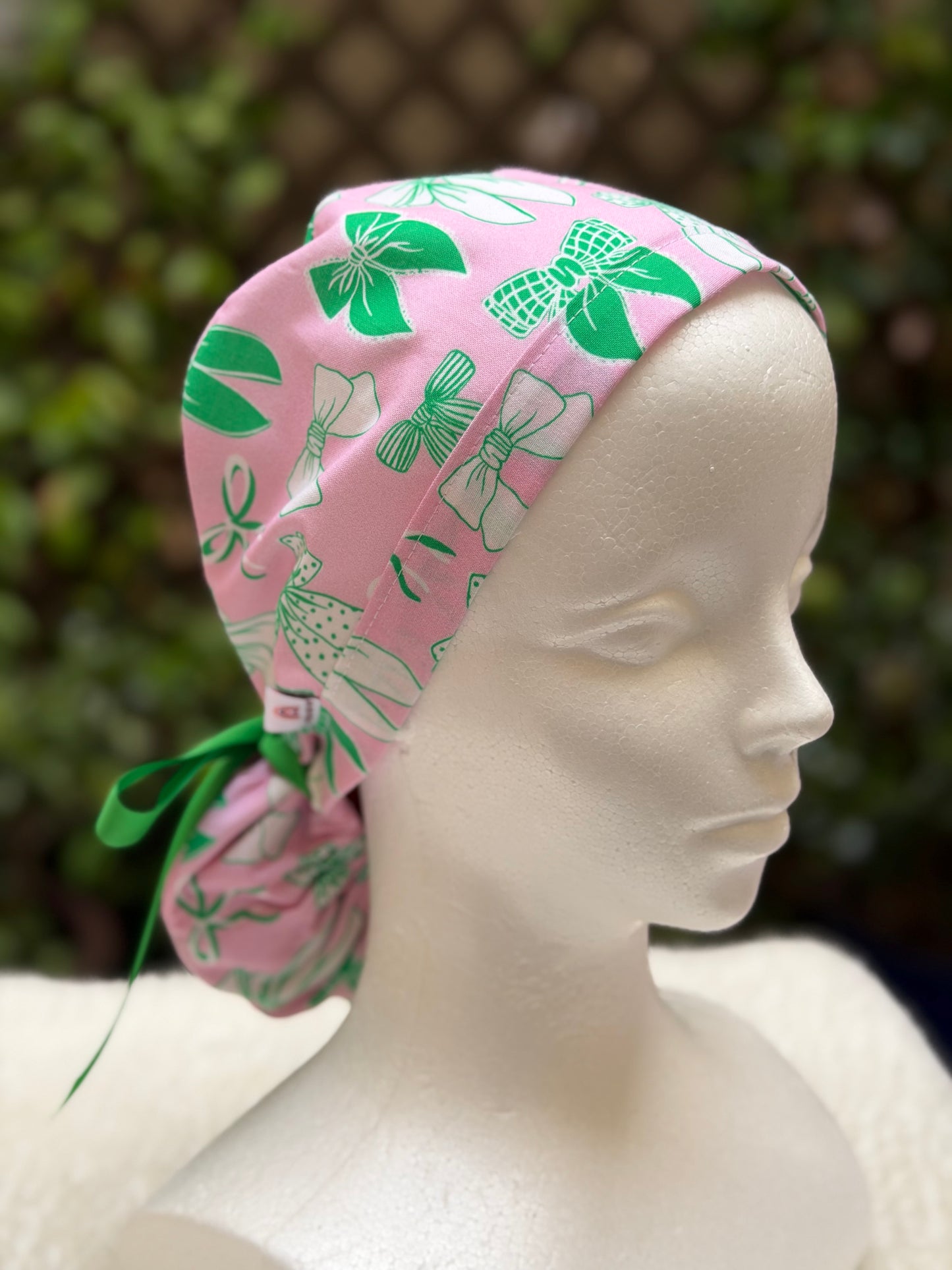 Preppy pink and green bow Ponytail Scrub Cap
