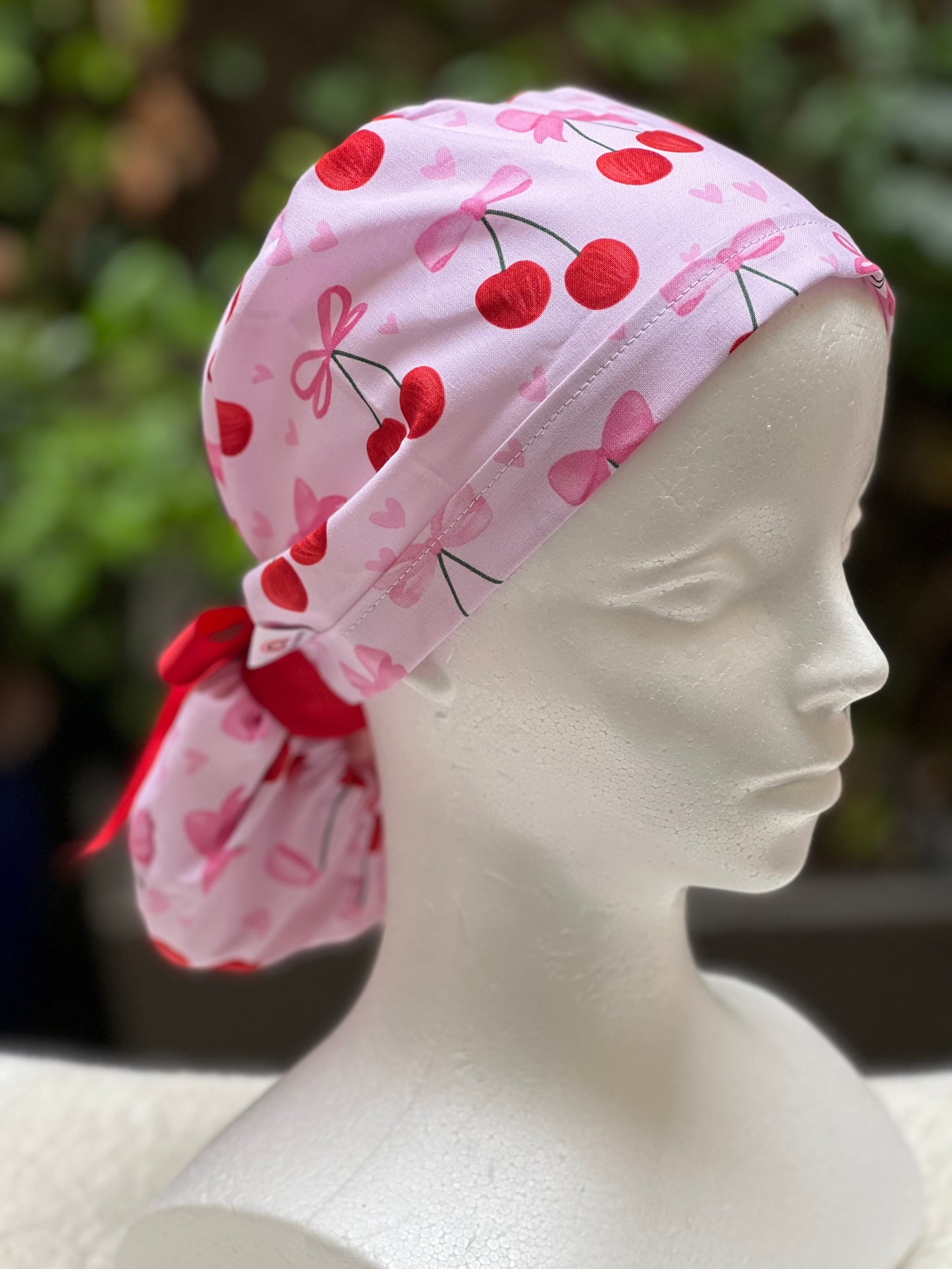 Bows and Cherries Valentines scrub cap