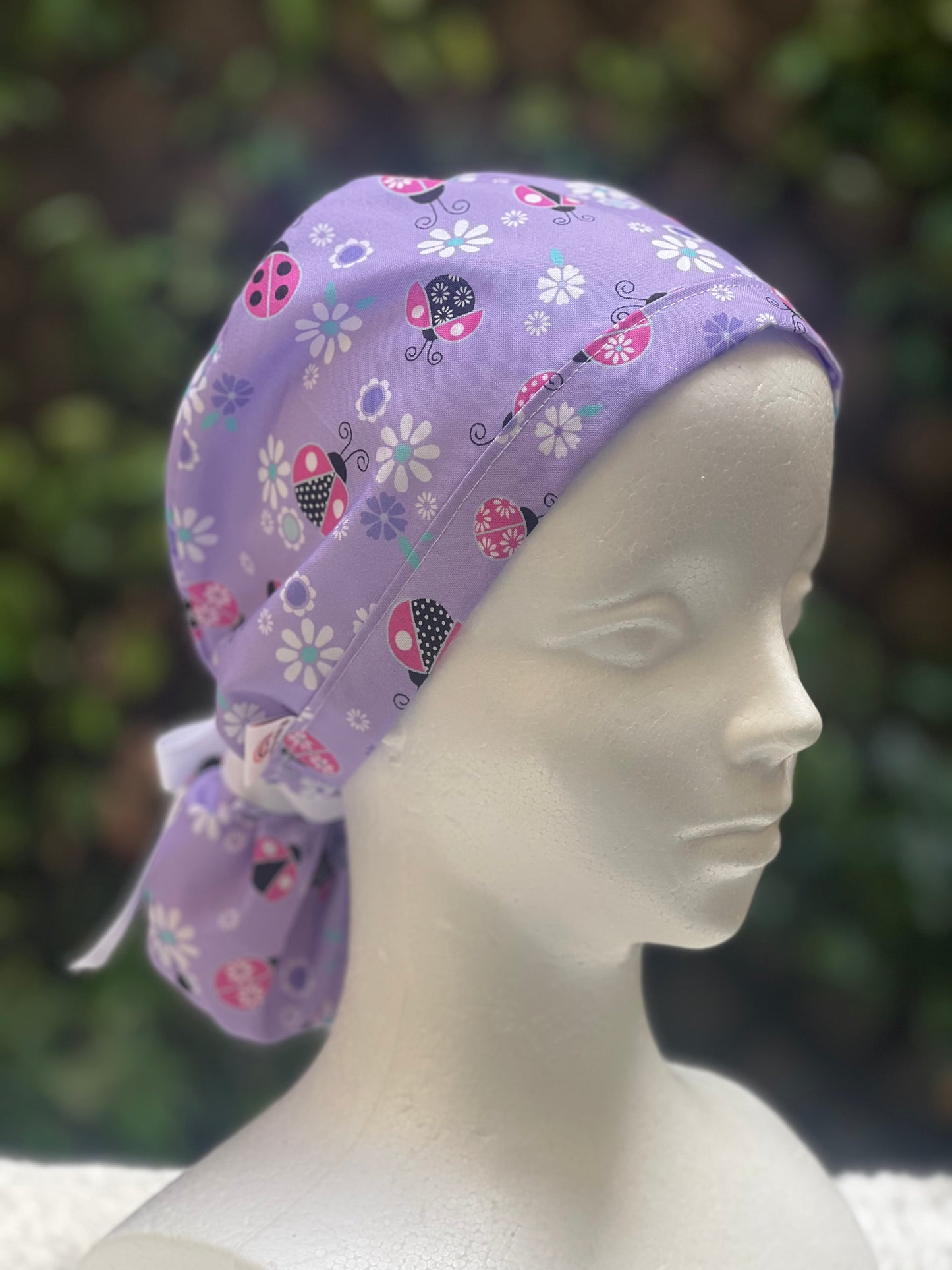 Purple Ladybug Ponytail Scrub Cap