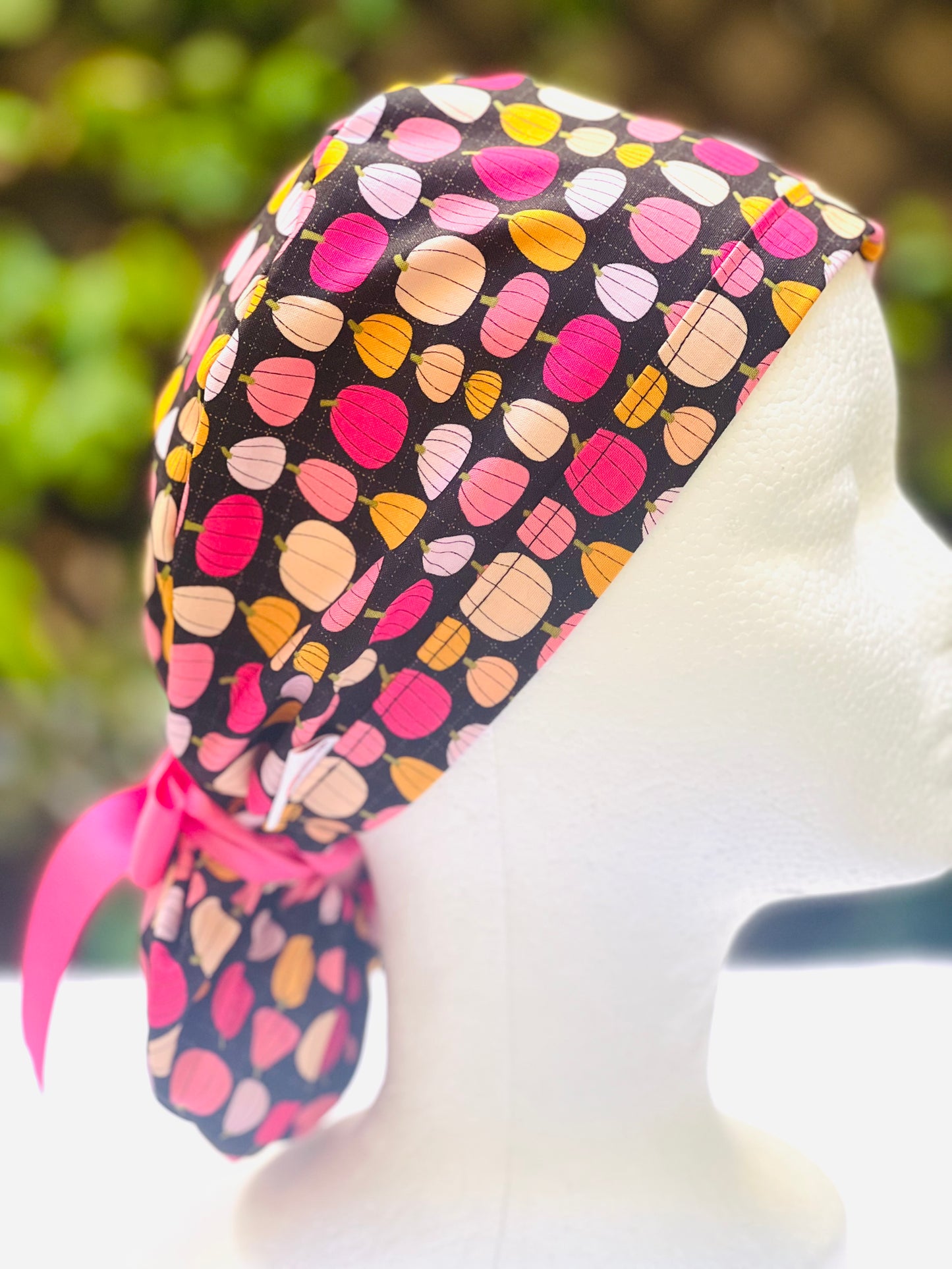 Pink pumpkin in black  Ponytail scrub cap