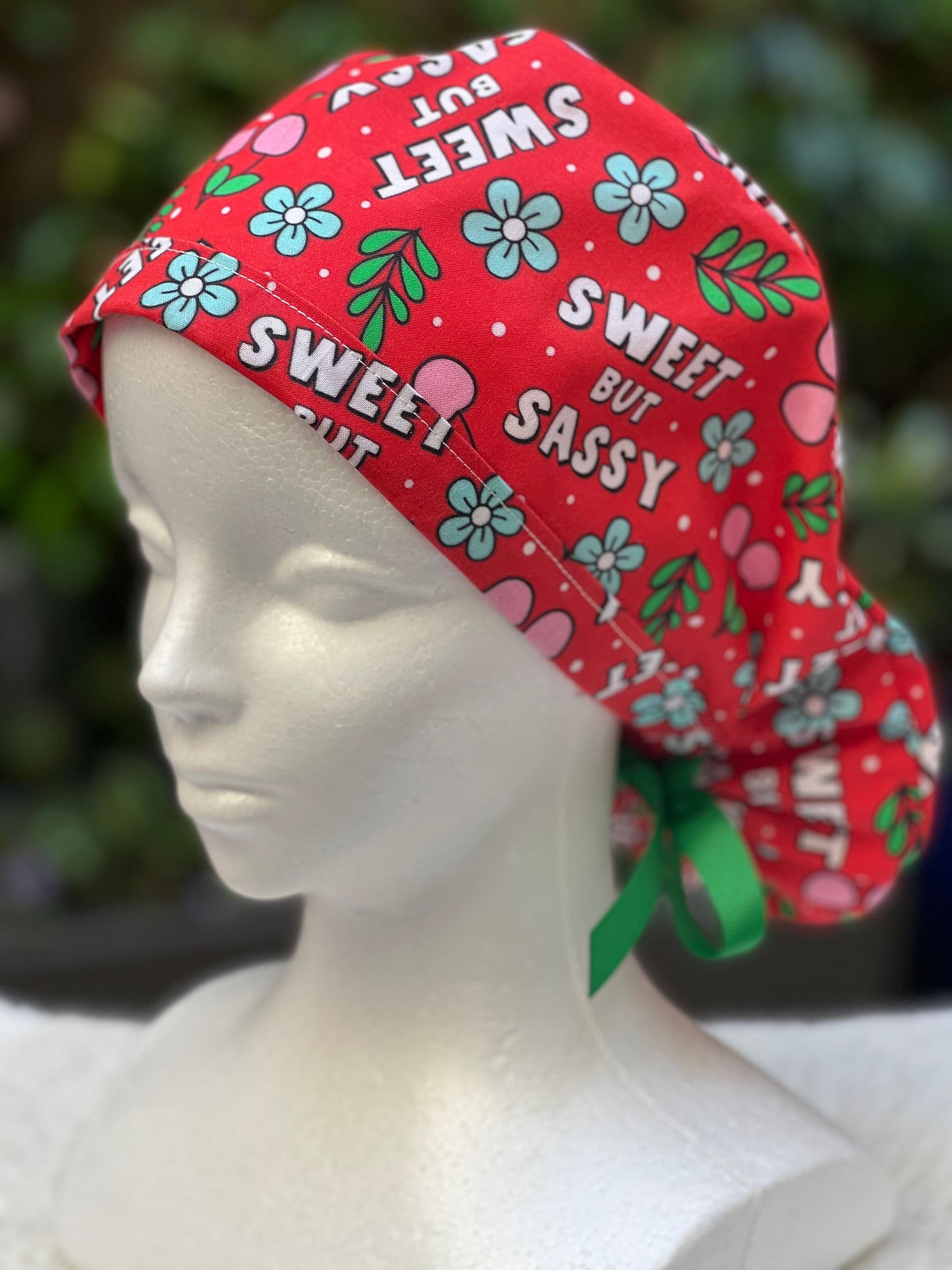 Red Sweet but Sassy Ponytail Scrub Cap