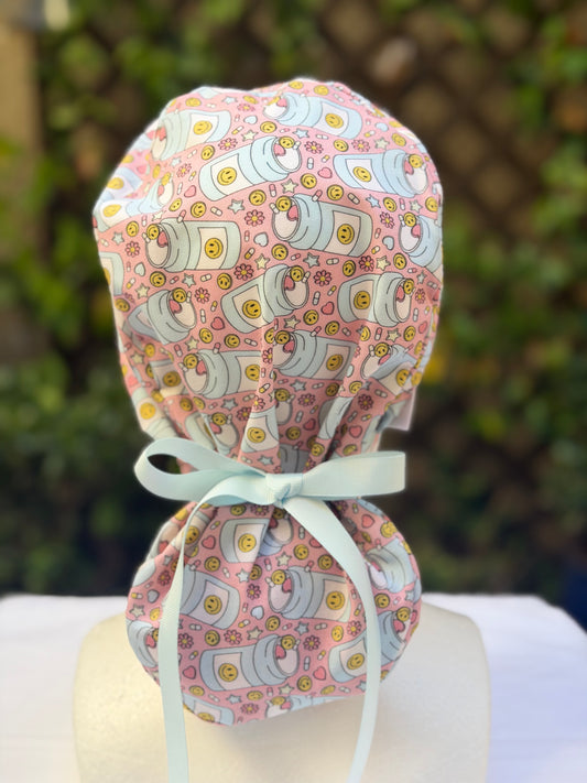 Happy pills with Caution Ponytail Scrub Cap
