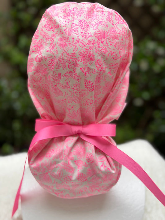 Neon pink ponytail scrub cap
