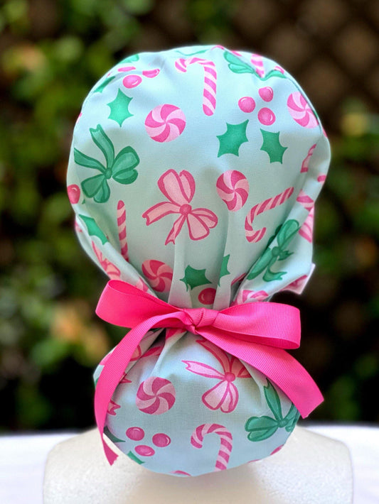 Christmas Bows Ponytail Scrub Cap