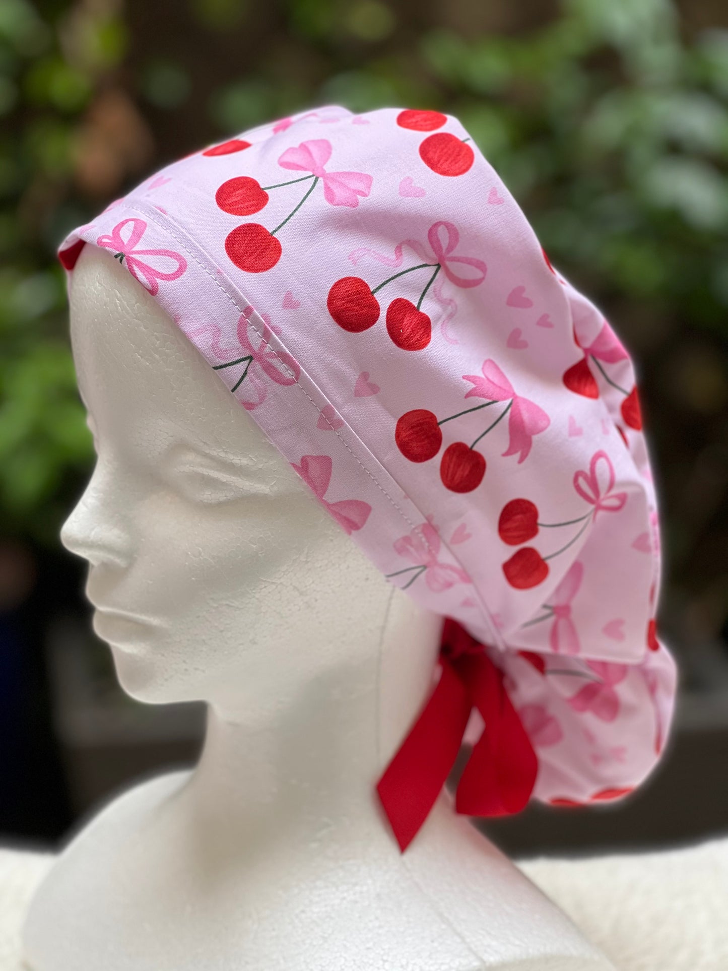 Bows and Cherries Valentines scrub cap