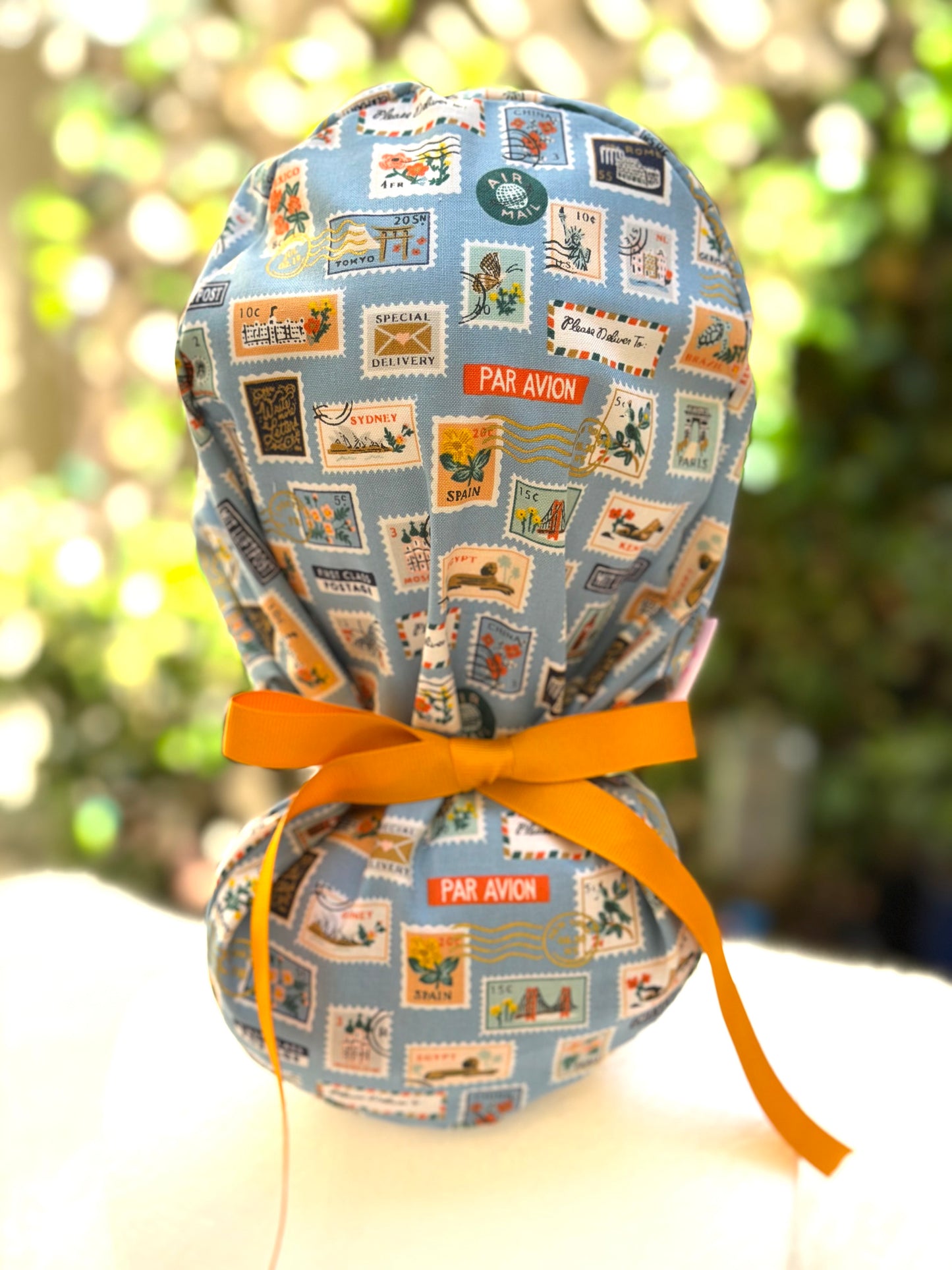 blue postage stamps ponytail scrub cap (Copy 2)