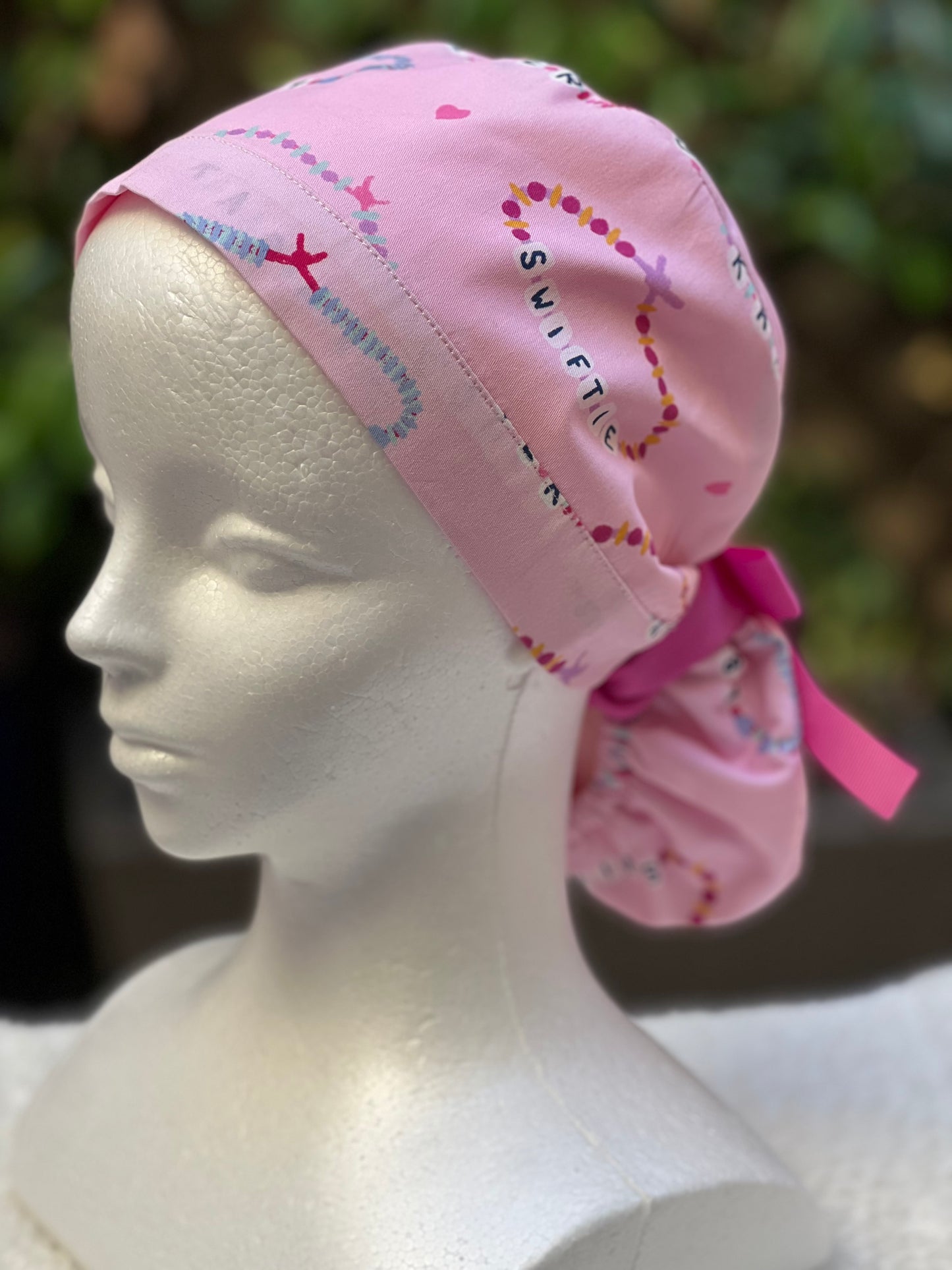 Pink Friendship Bracelet Ponytail Scrub Cap