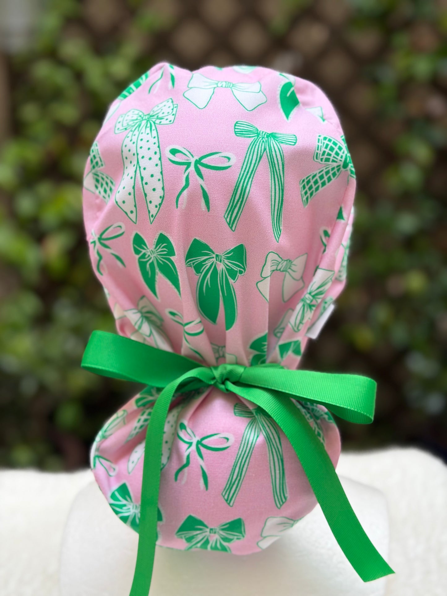 Preppy pink and green bow Ponytail Scrub Cap