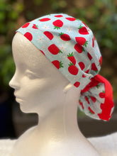 Load image into Gallery viewer, Green strawberry with daisies ponytail scrub cap
