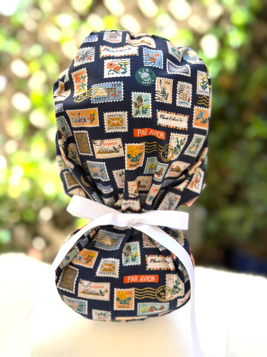 Navy blue postage stamps ponytail scrub cap (Copy)
