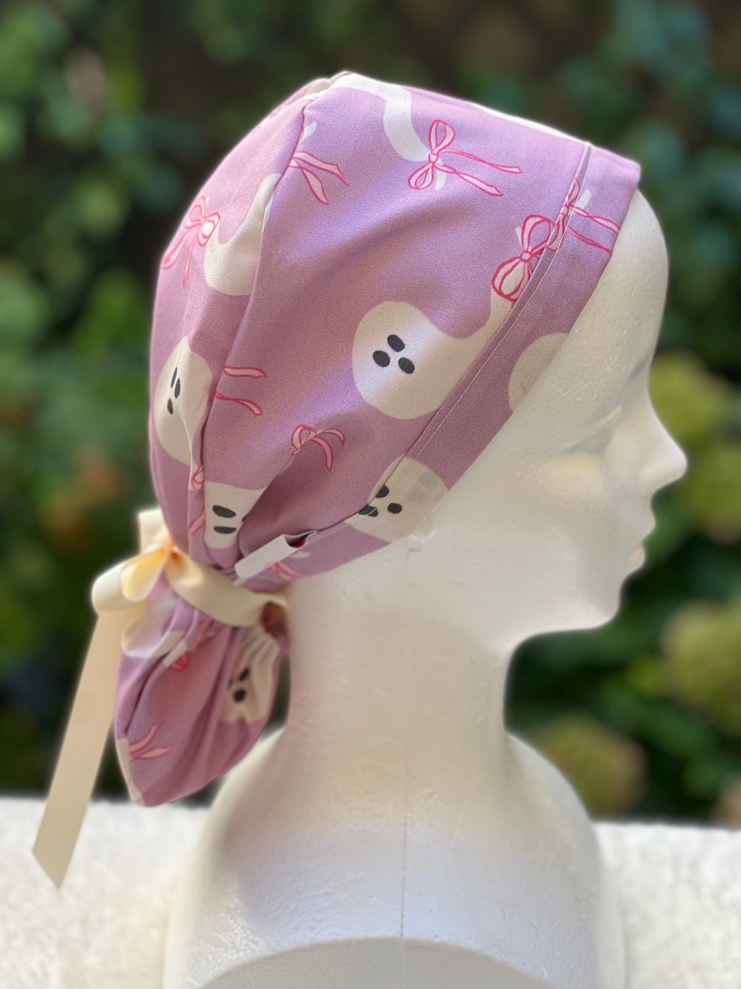 Purple ghost with bow scrub cap