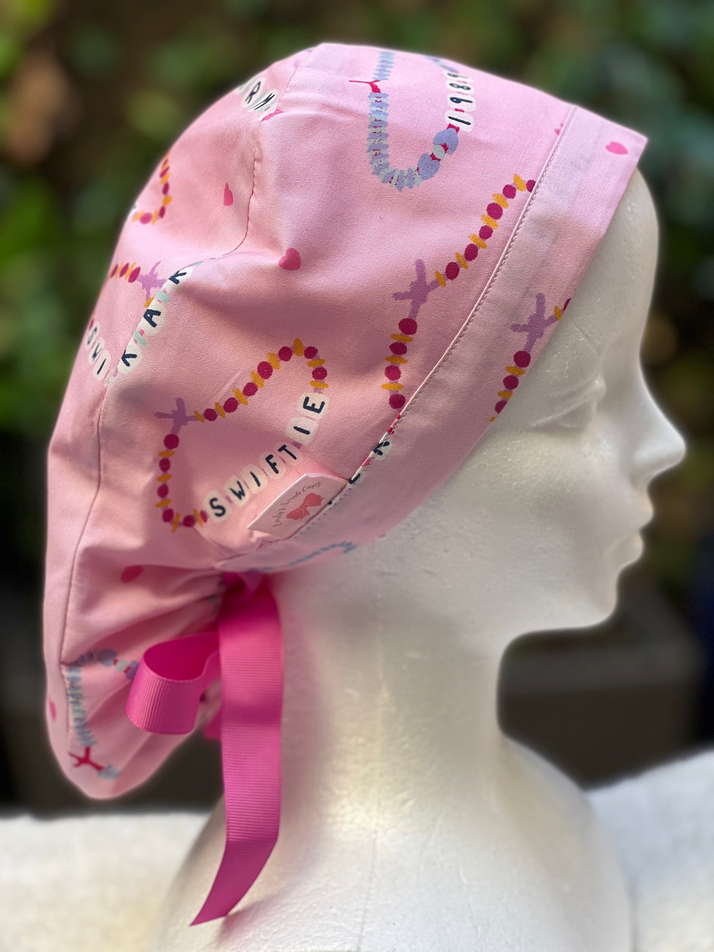 Pink Friendship Bracelet Ponytail Scrub Cap