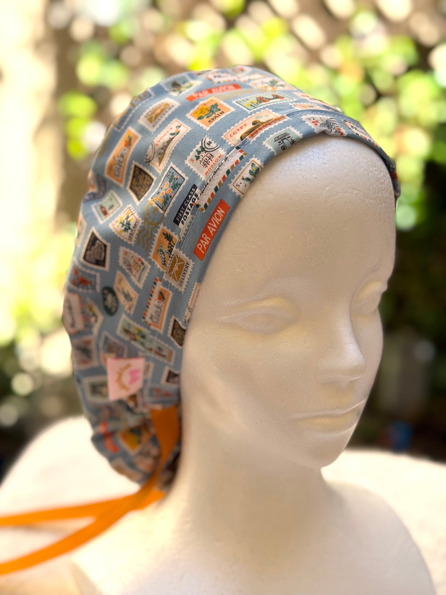 blue postage stamps ponytail scrub cap (Copy 2)
