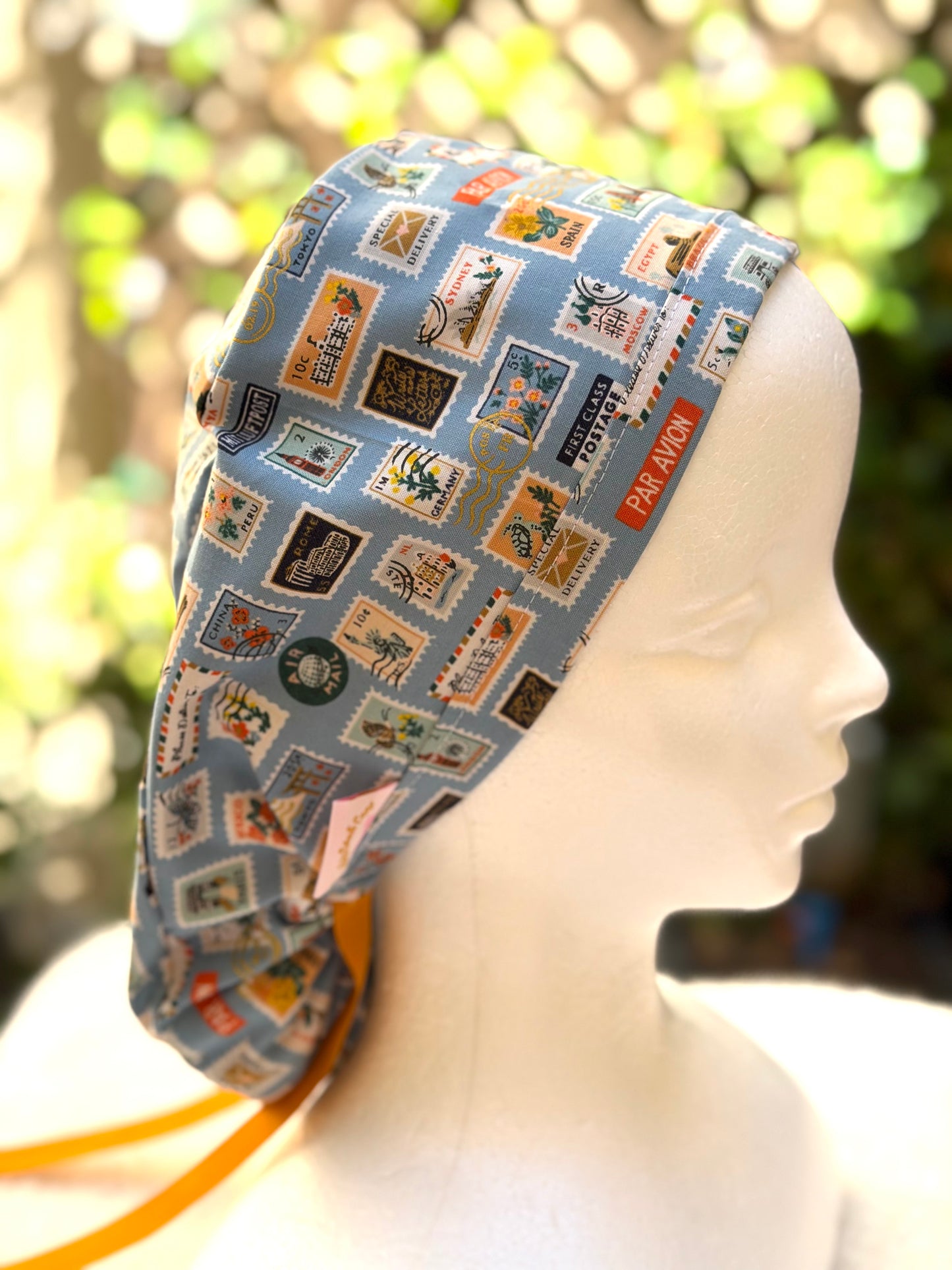blue postage stamps ponytail scrub cap (Copy 2)