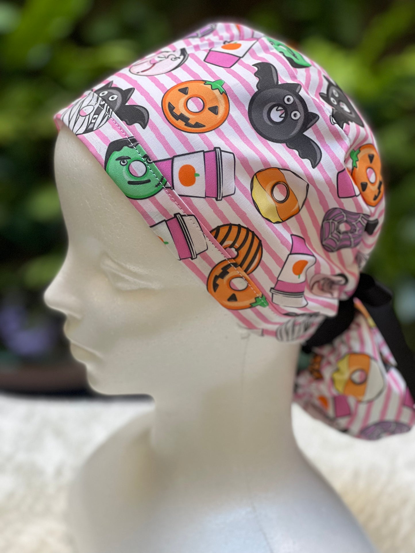 Pink stripe Halloween Ponytail scrub cap