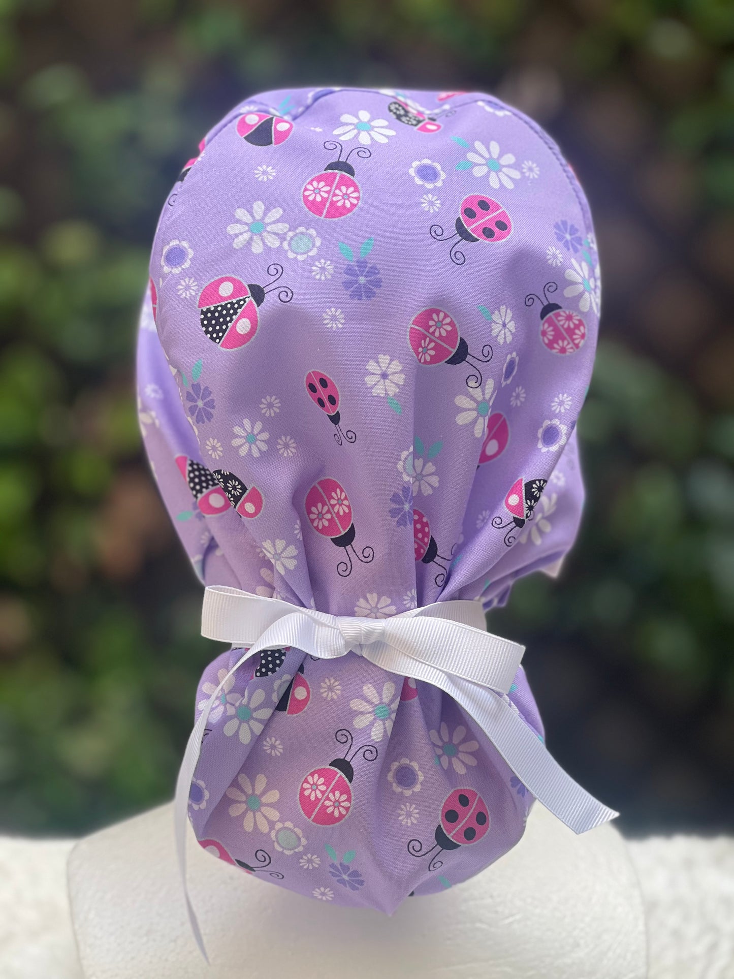 Purple Ladybug Ponytail Scrub Cap