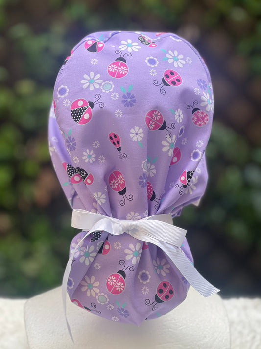 Purple Ladybug Ponytail Scrub Cap