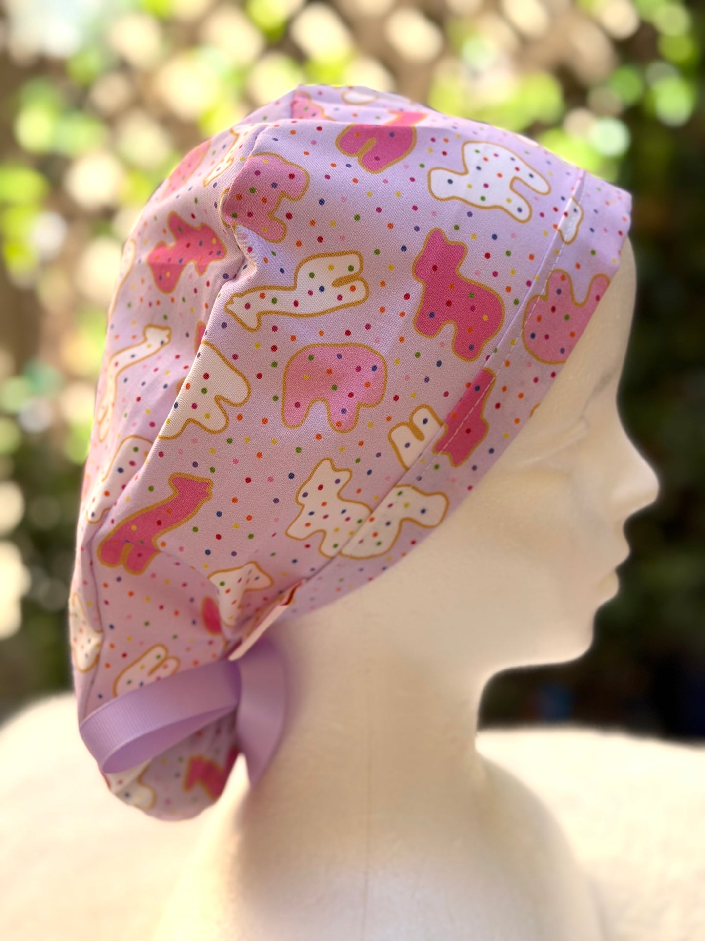 Purple animal crackers Ponytail Scrub Cap