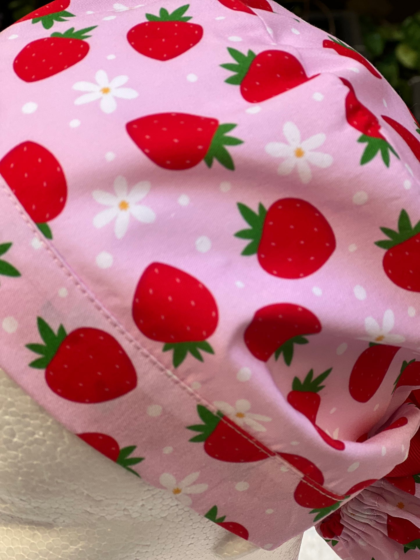 Pink strawberry with daisies ponytail scrub cap