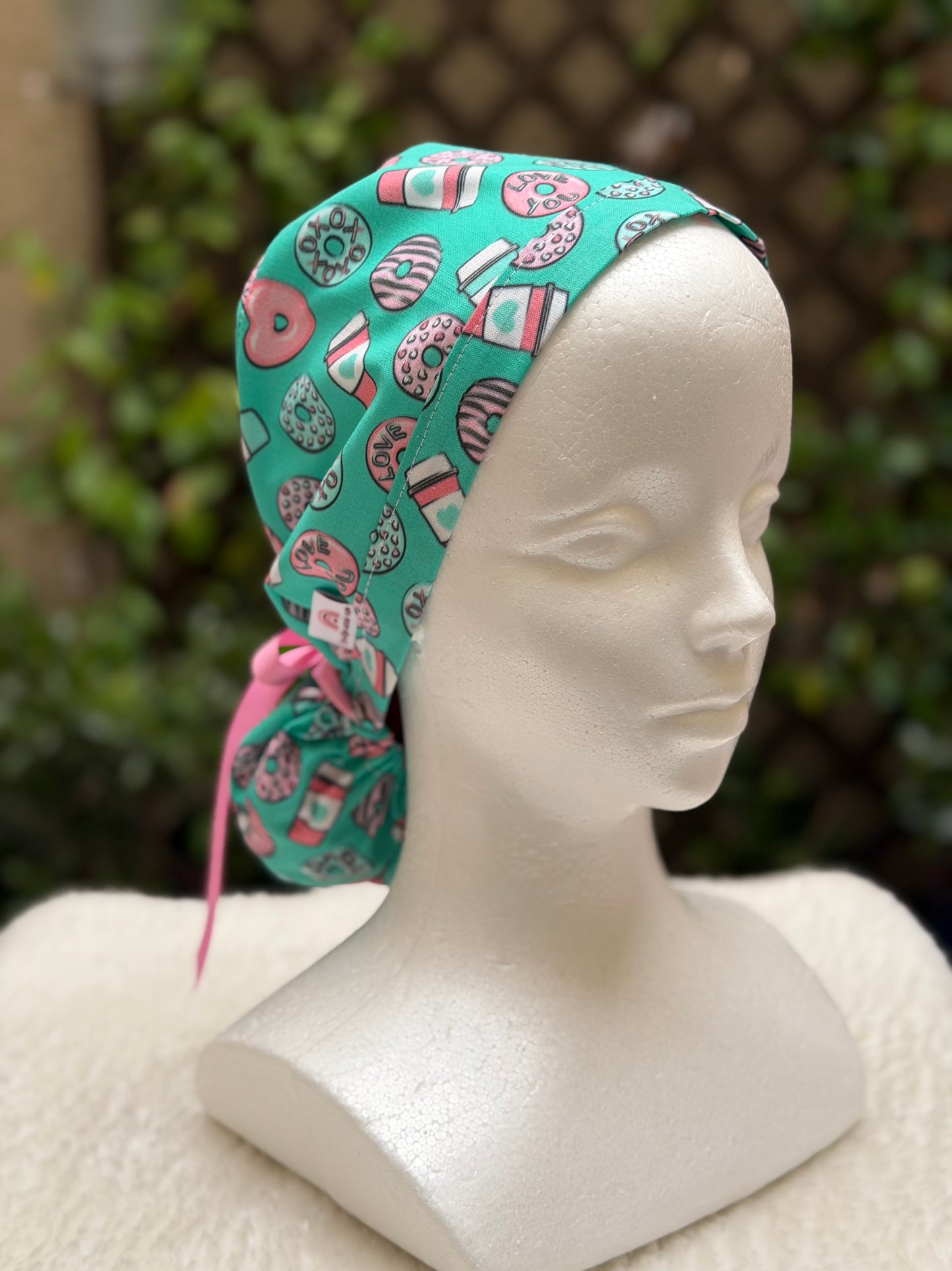 Cofee and Donuts Anesthesia Valentine Ponytail Scrub Cap