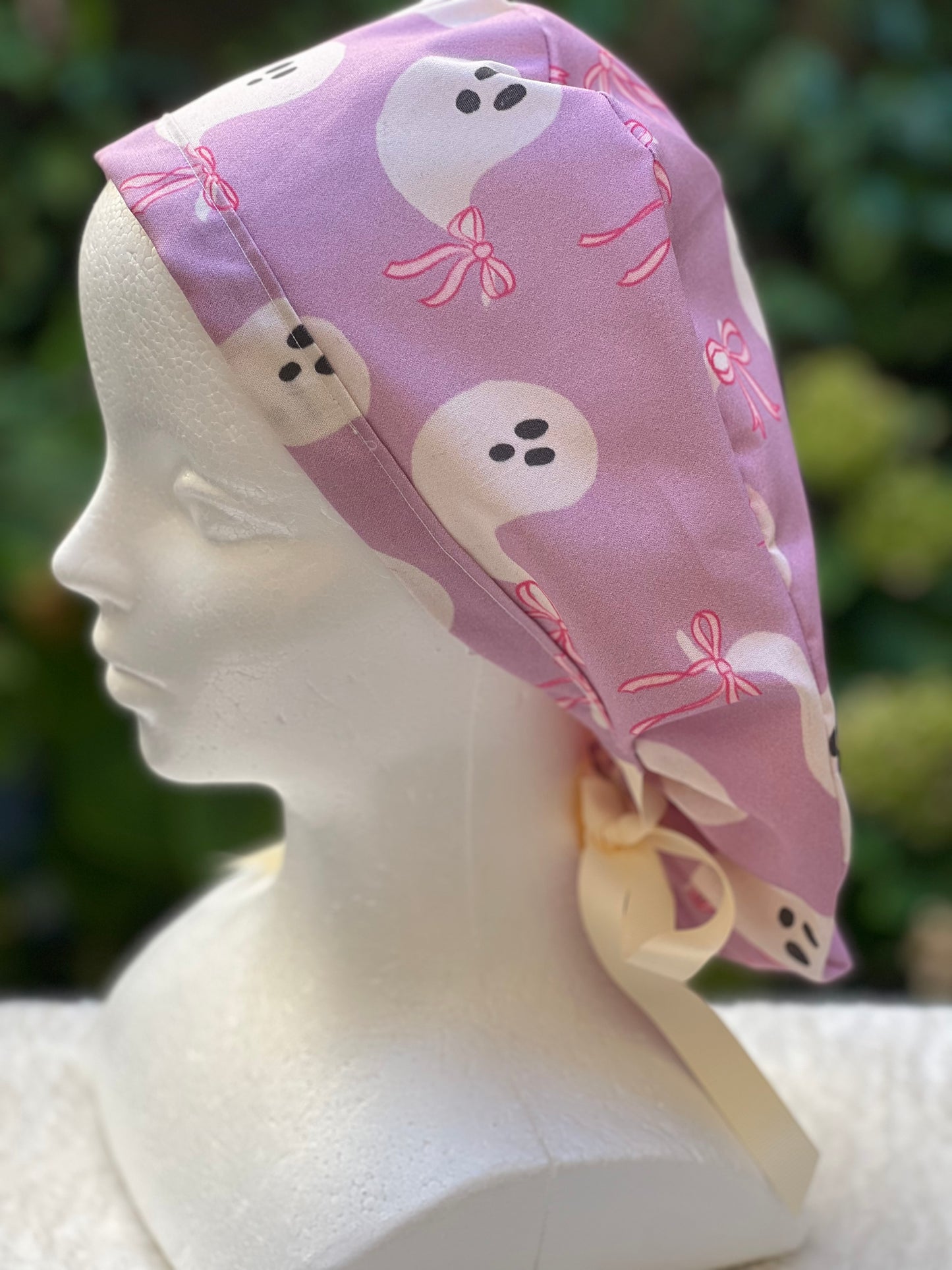 Purple ghost with bow scrub cap