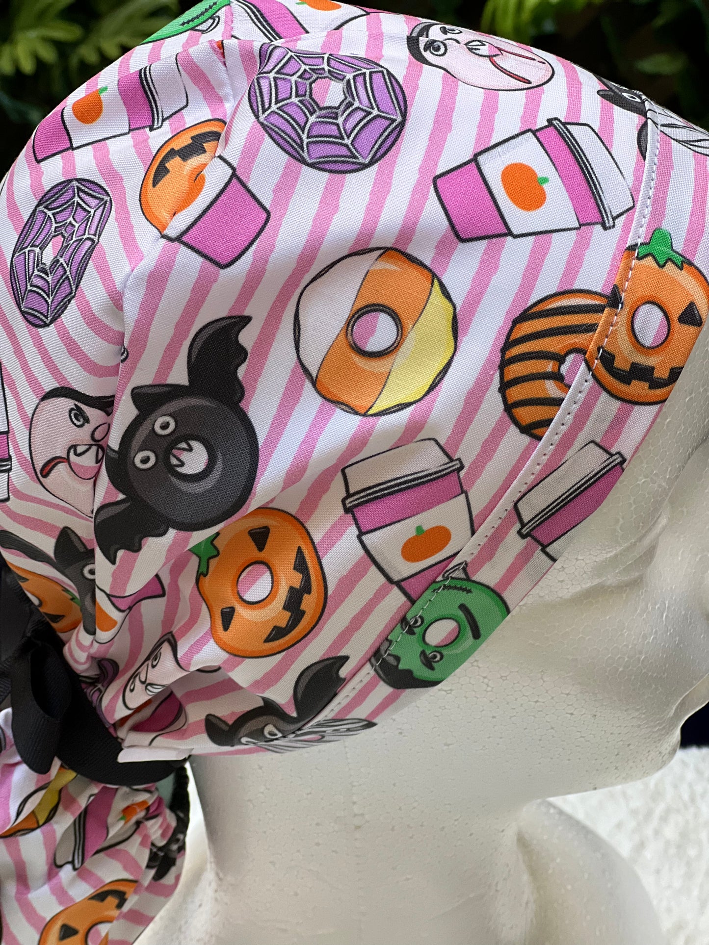 Pink stripe Halloween Ponytail scrub cap