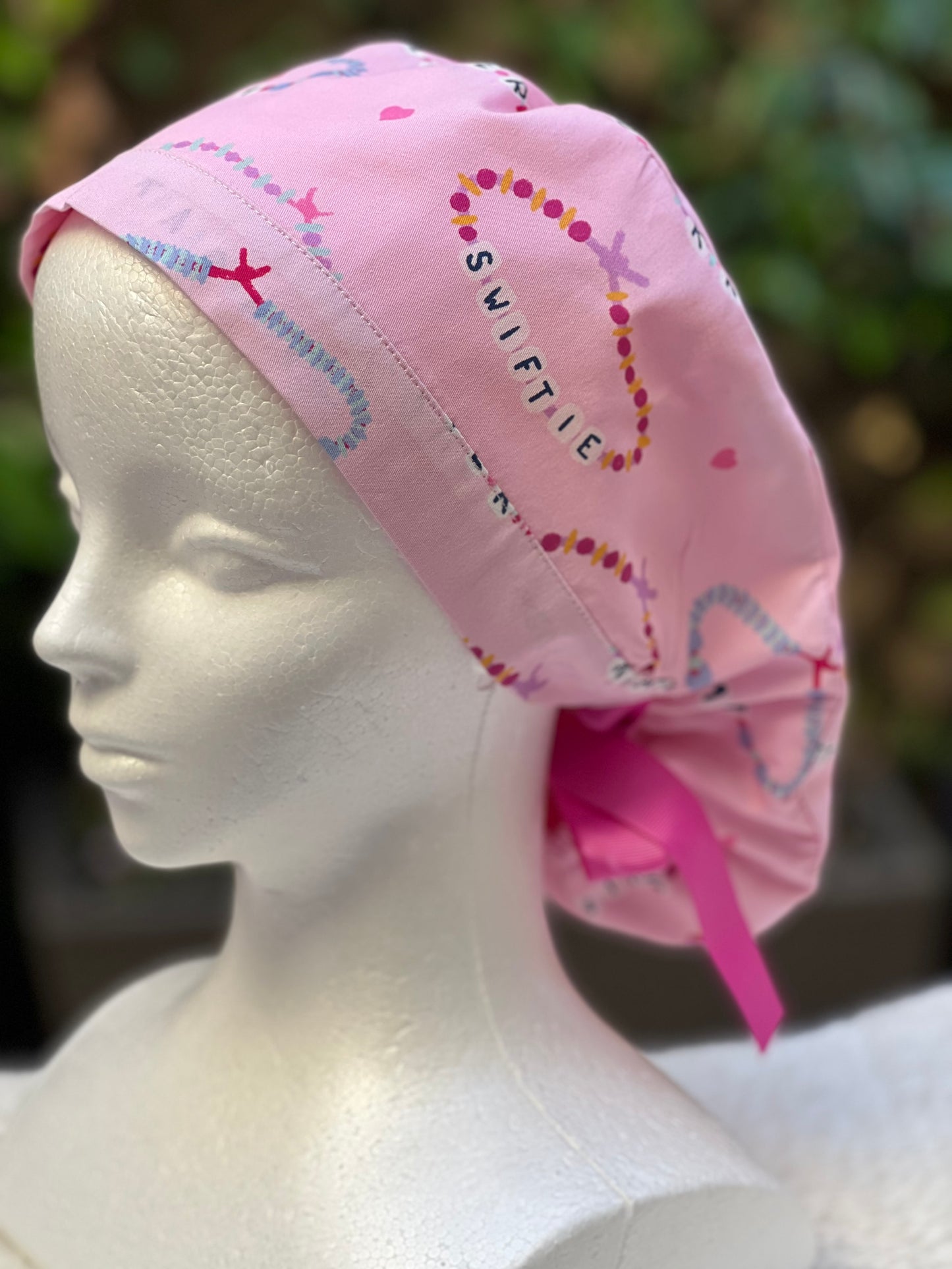 Pink Friendship Bracelet Ponytail Scrub Cap