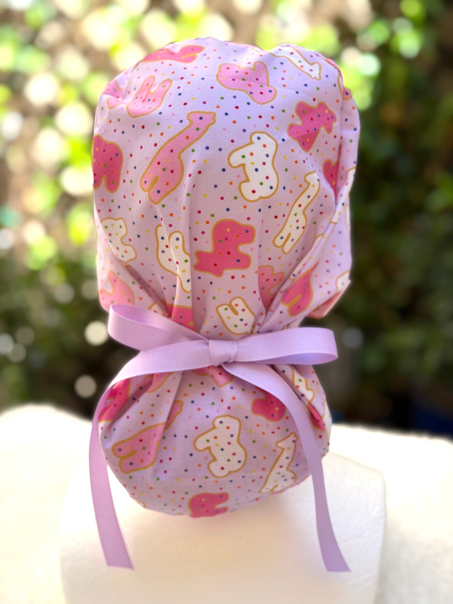 Purple animal crackers Ponytail Scrub Cap