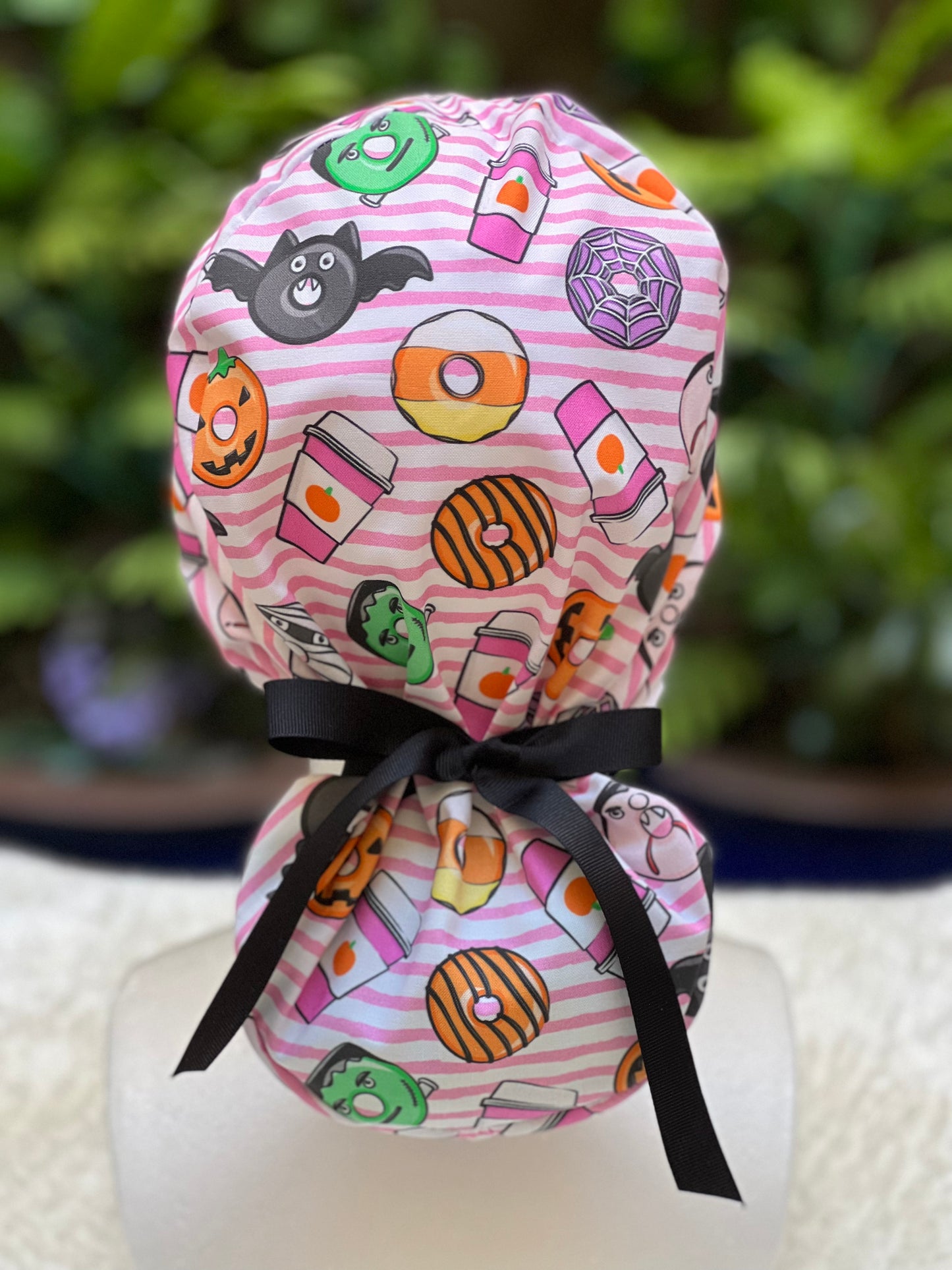 Pink stripe Halloween Ponytail scrub cap