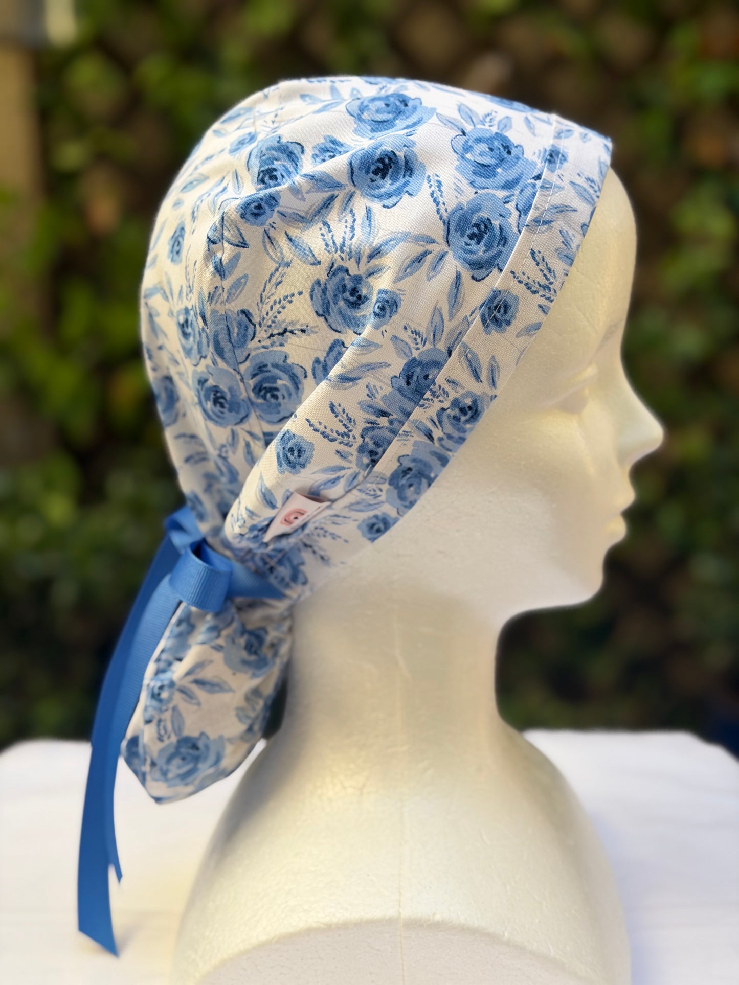 Blue flowers Ponytail Scrub Cap
