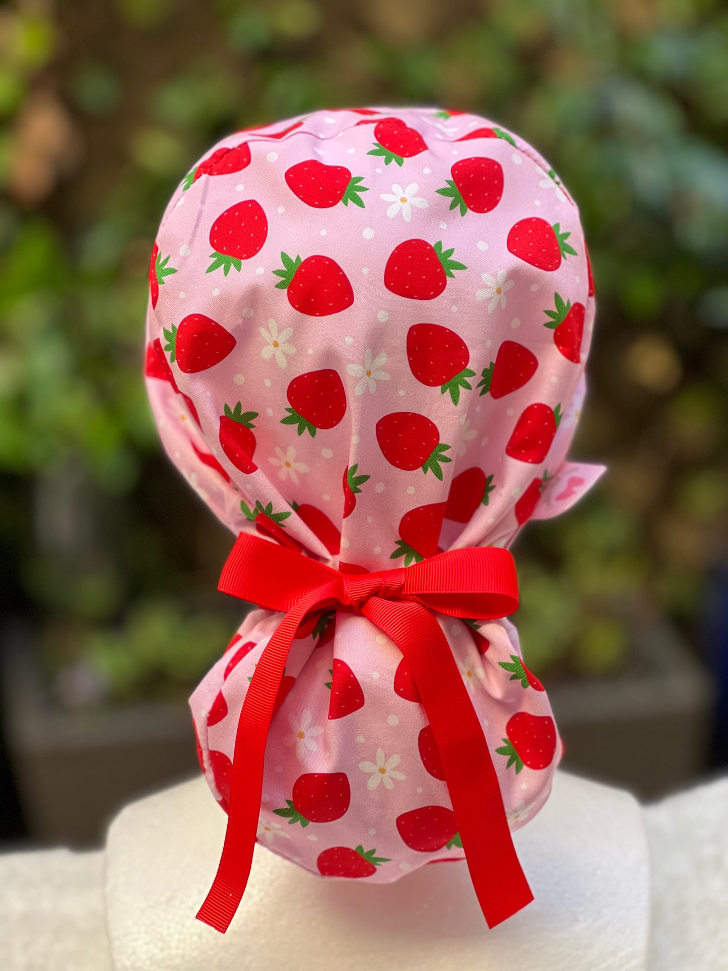 Pink strawberry with daisies ponytail scrub cap