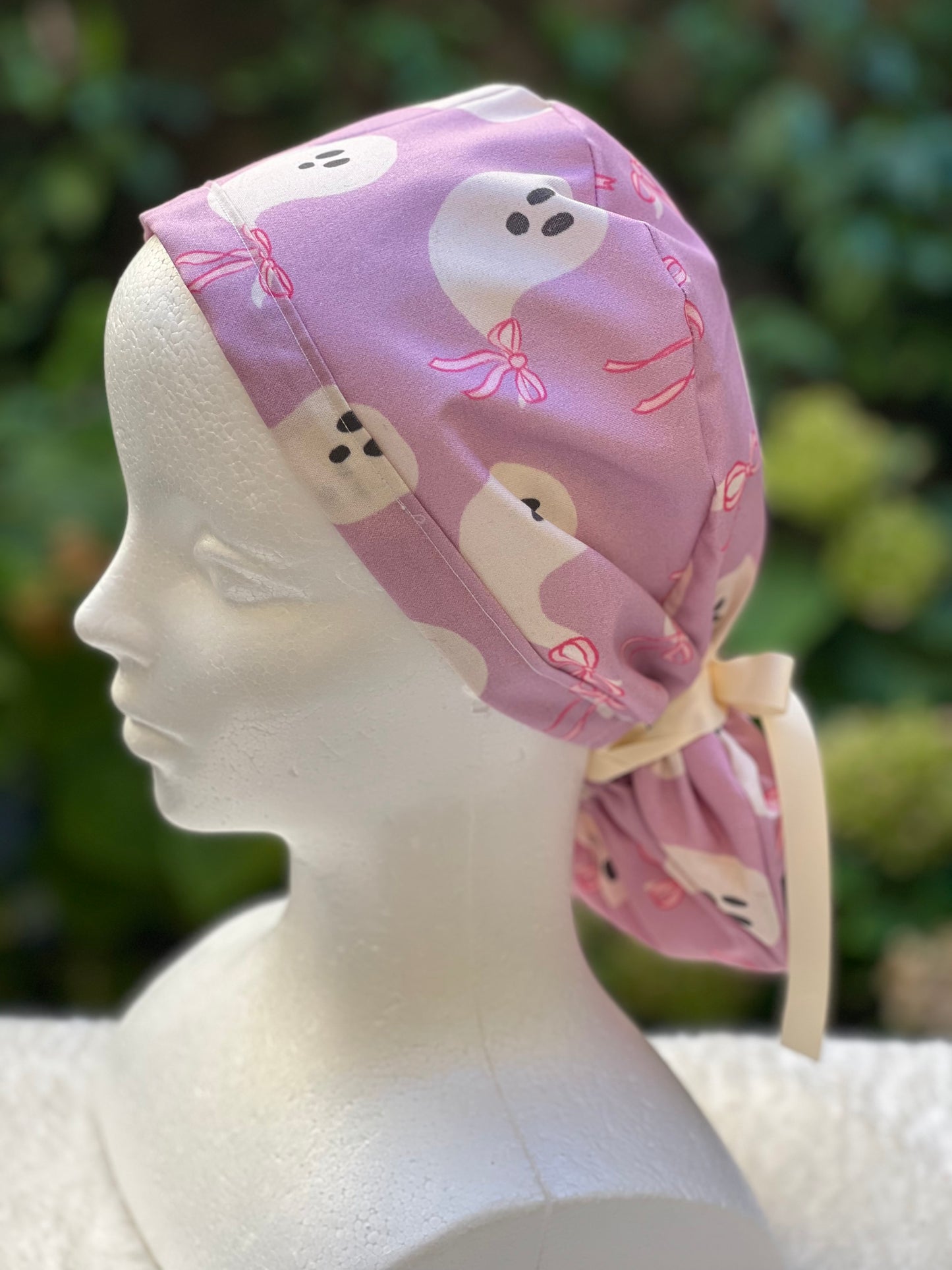 Purple ghost with bow scrub cap