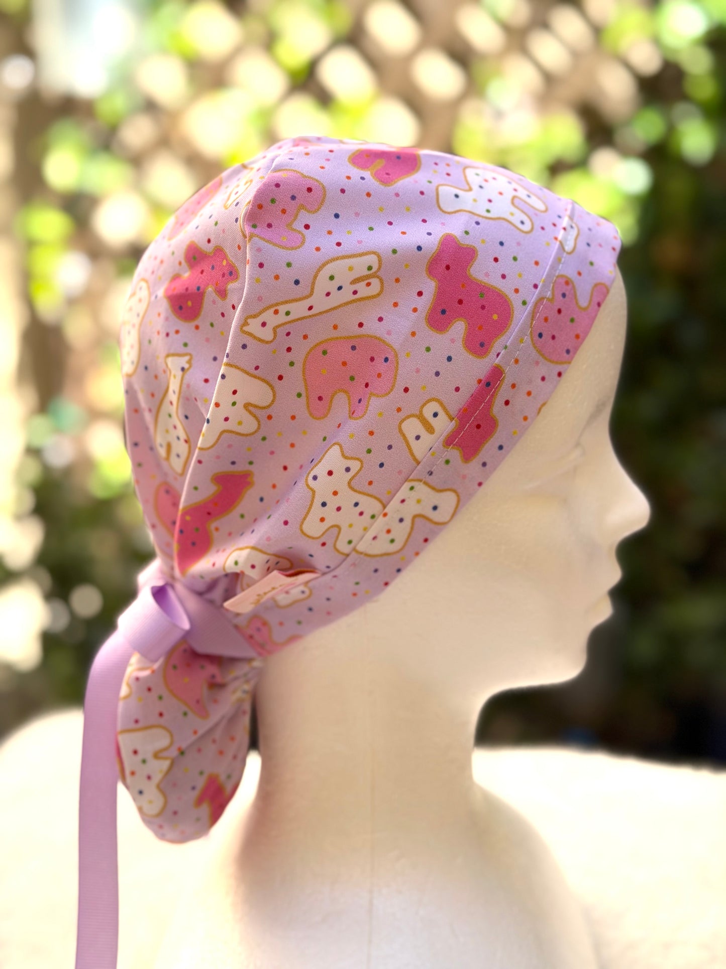 Purple animal crackers Ponytail Scrub Cap