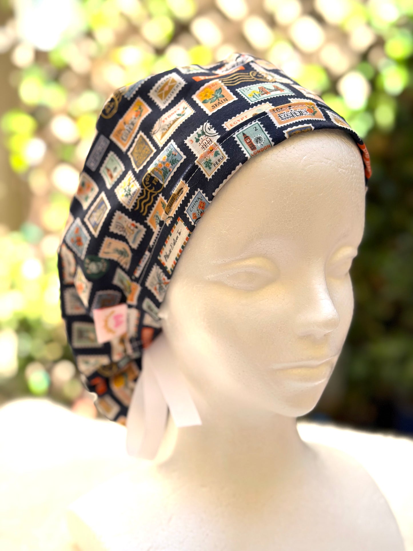 Navy blue postage stamps ponytail scrub cap (Copy)