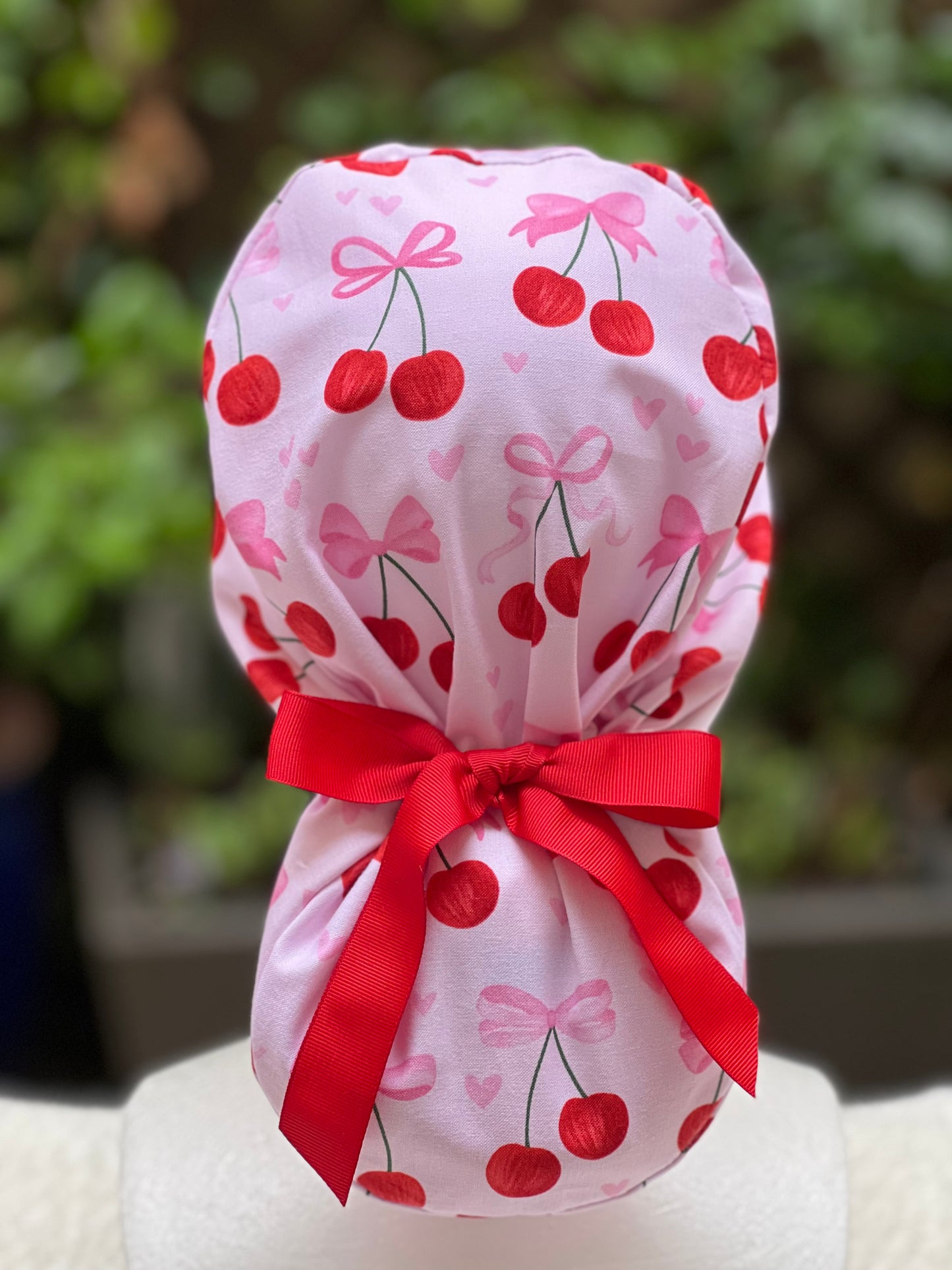 Bows and Cherries Valentines scrub cap
