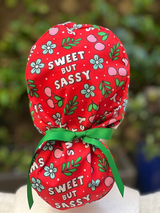Red Sweet but Sassy Ponytail Scrub Cap