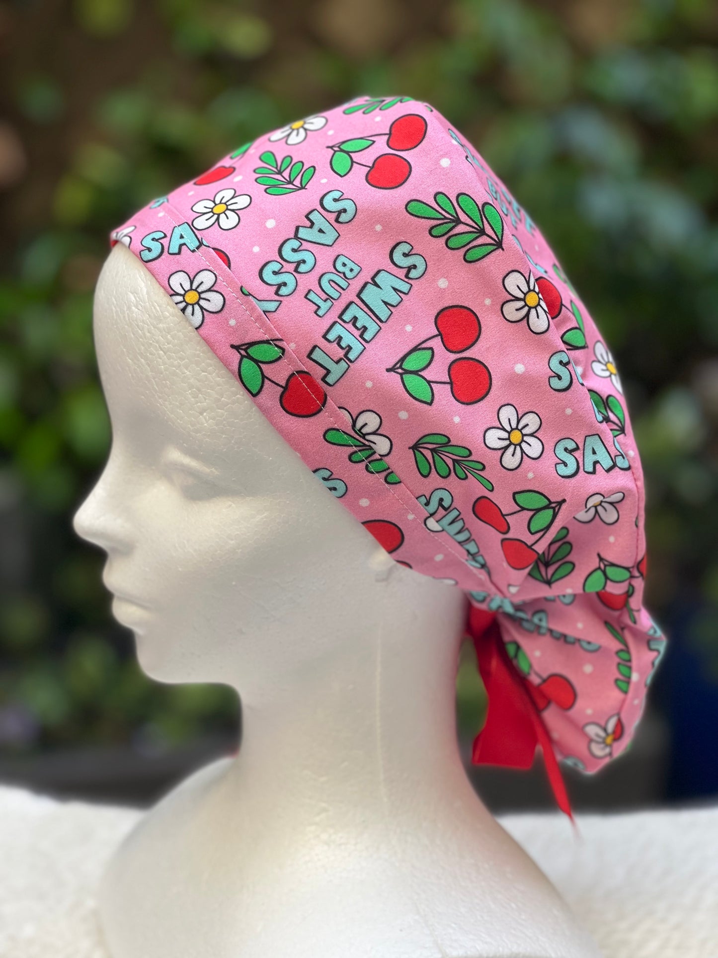 Pink Sweet but Sassy Ponytail Scrub Cap