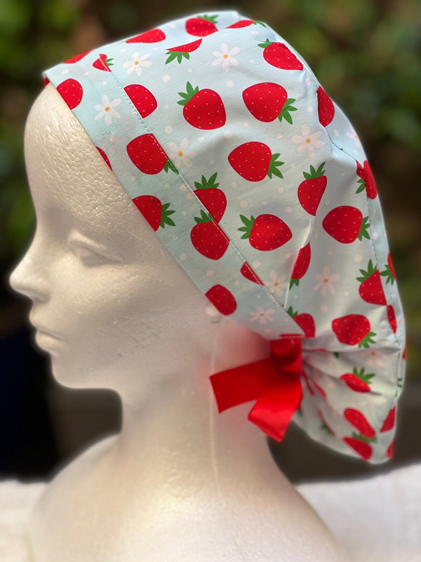 Green strawberry with daisies ponytail scrub cap