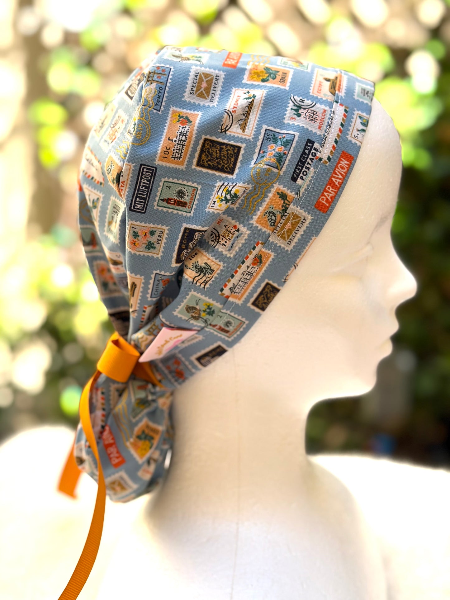 blue postage stamps ponytail scrub cap (Copy 2)