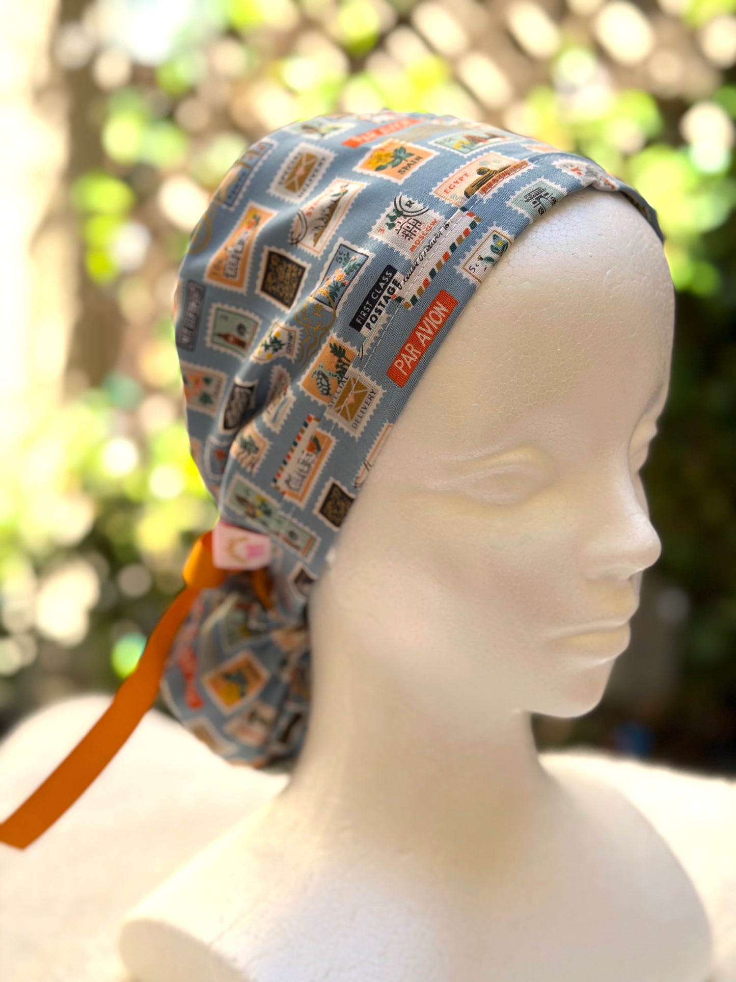 blue postage stamps ponytail scrub cap (Copy 2)